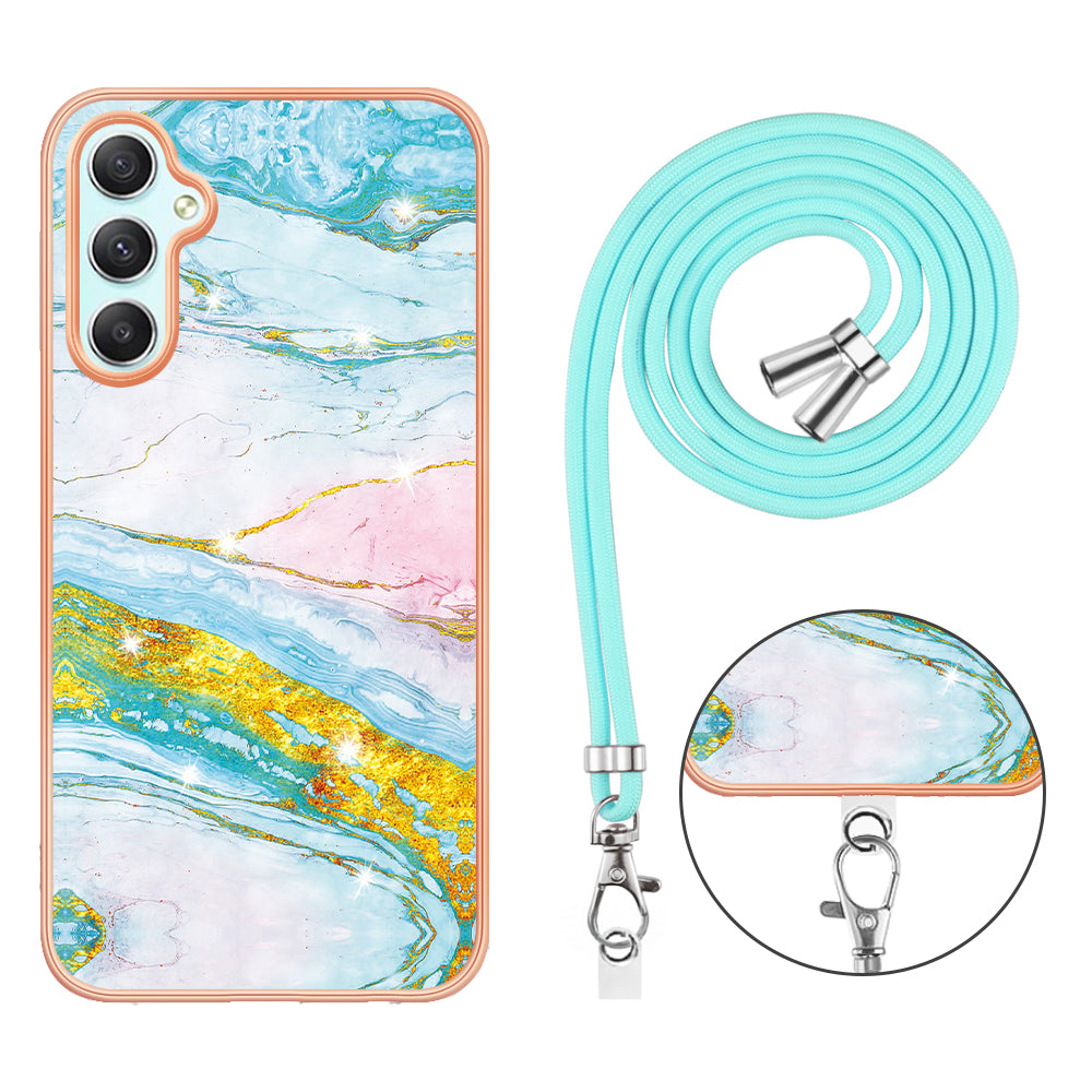 YB IMD Series-9 Marble Pattern Phone Case for Samsung Galaxy A24 4G IMD Electroplating TPU Cover with Lanyard - Green 004