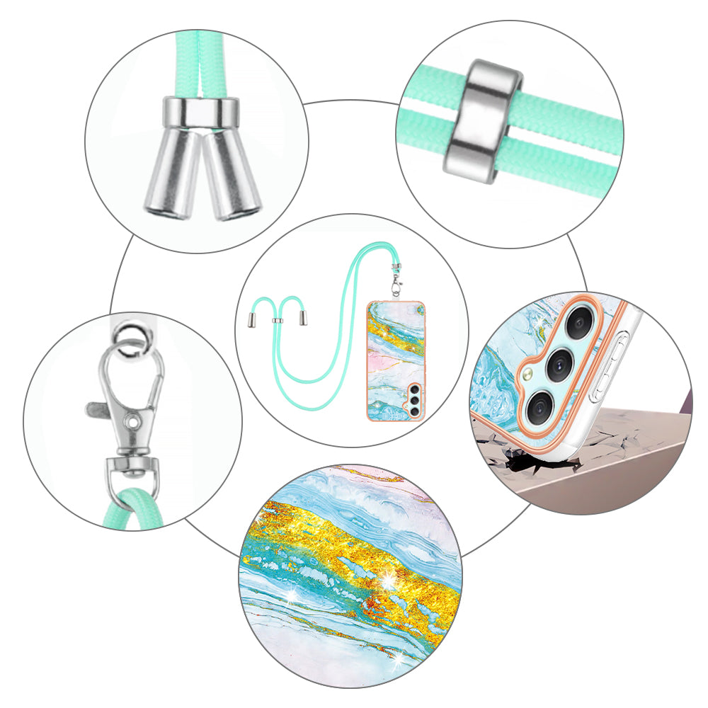 YB IMD Series-9 Marble Pattern Phone Case for Samsung Galaxy A24 4G IMD Electroplating TPU Cover with Lanyard - Green 004