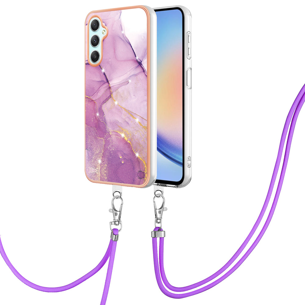 YB IMD Series-9 Marble Pattern Phone Case for Samsung Galaxy A24 4G IMD Electroplating TPU Cover with Lanyard - Purple 001