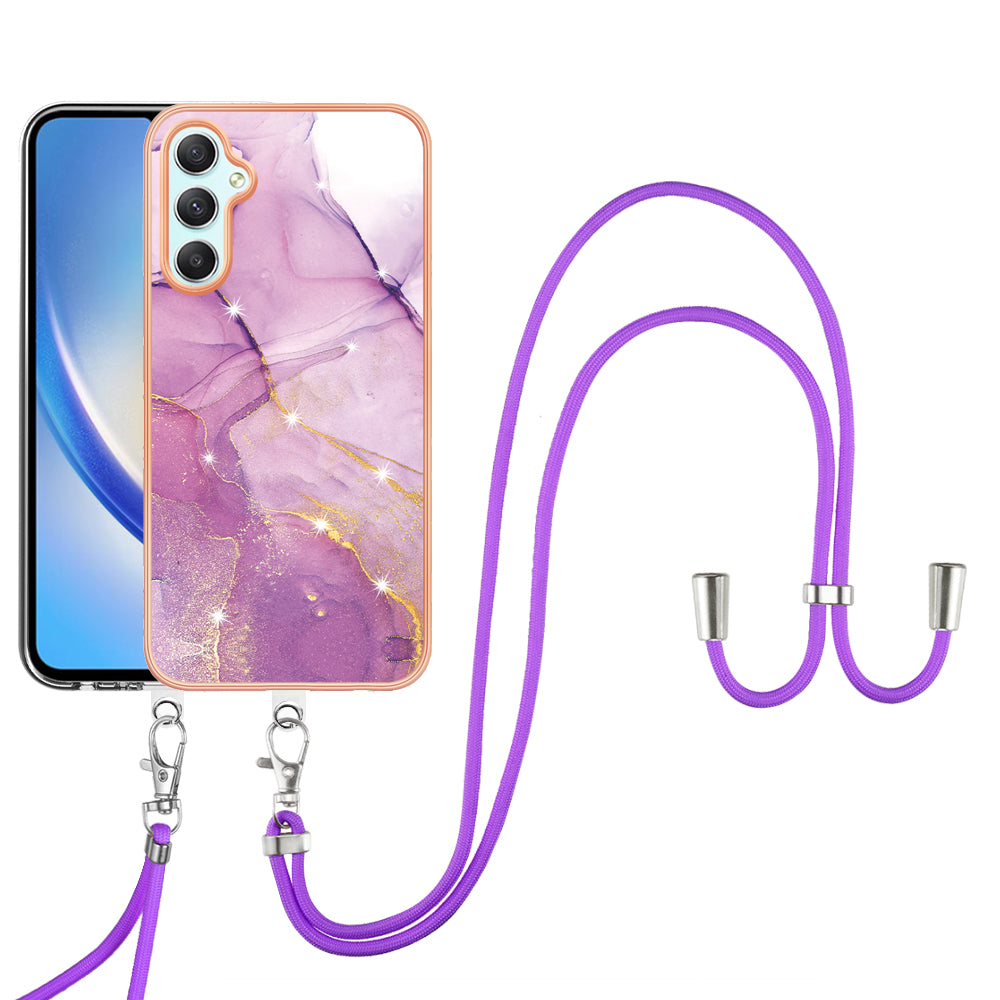 YB IMD Series-9 Marble Pattern Phone Case for Samsung Galaxy A24 4G IMD Electroplating TPU Cover with Lanyard - Purple 001
