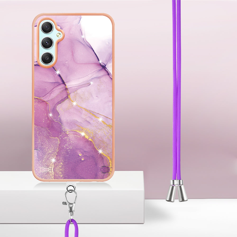YB IMD Series-9 Marble Pattern Phone Case for Samsung Galaxy A24 4G IMD Electroplating TPU Cover with Lanyard - Purple 001