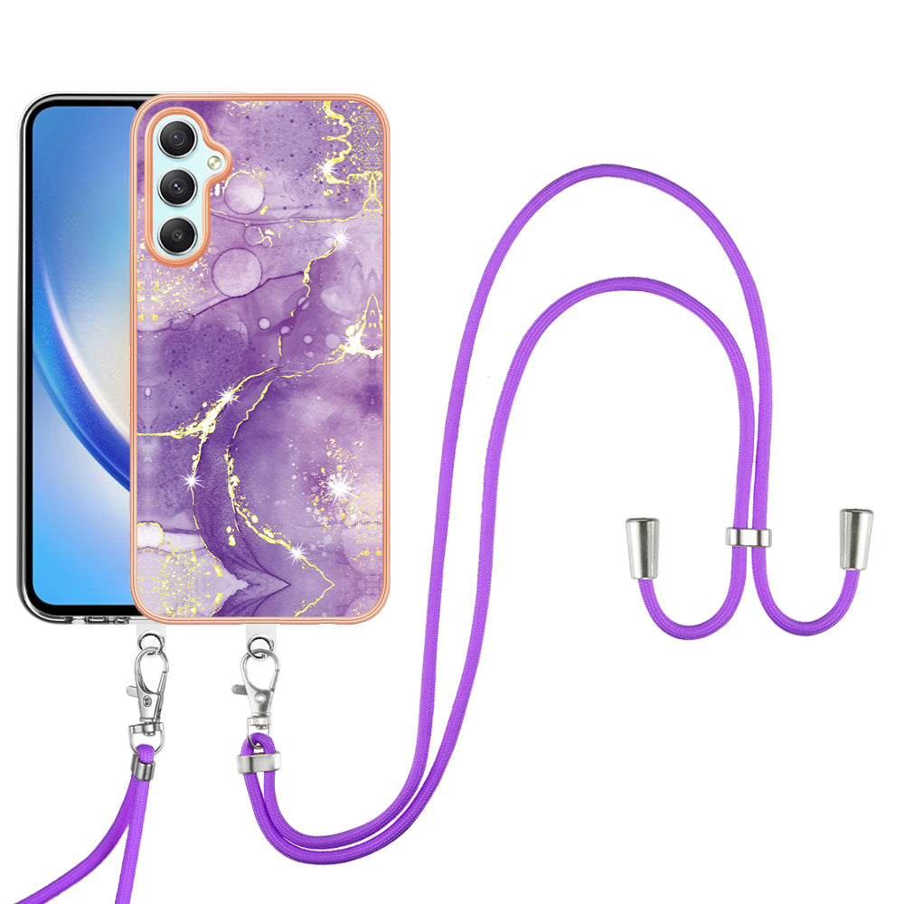 YB IMD Series-9 Marble Pattern Phone Case for Samsung Galaxy A24 4G IMD Electroplating TPU Cover with Lanyard - Purple 002