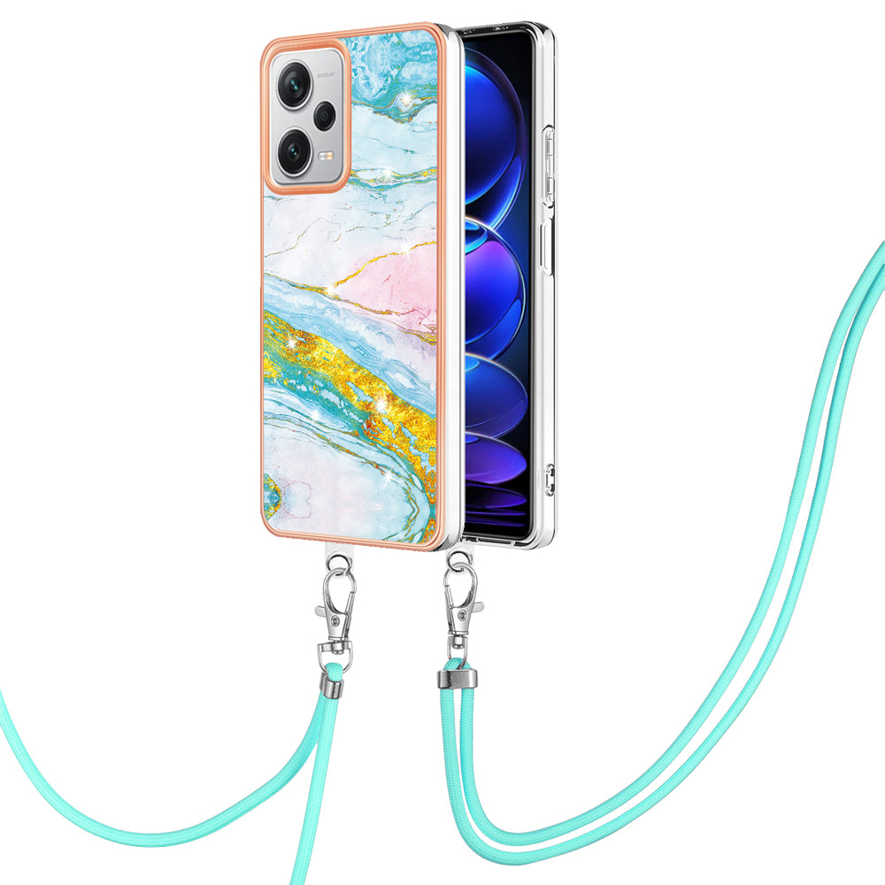 YB IMD Series-9 IMD TPU Phone Cover for Xiaomi Redmi Note 12 Pro+ 5G Electroplated Marble Pattern Phone Case with Lanyard - Green 004