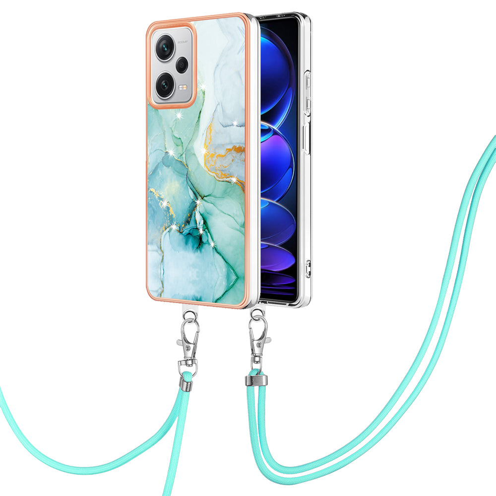 YB IMD Series-9 IMD TPU Phone Cover for Xiaomi Redmi Note 12 Pro+ 5G Electroplated Marble Pattern Phone Case with Lanyard - Green 003