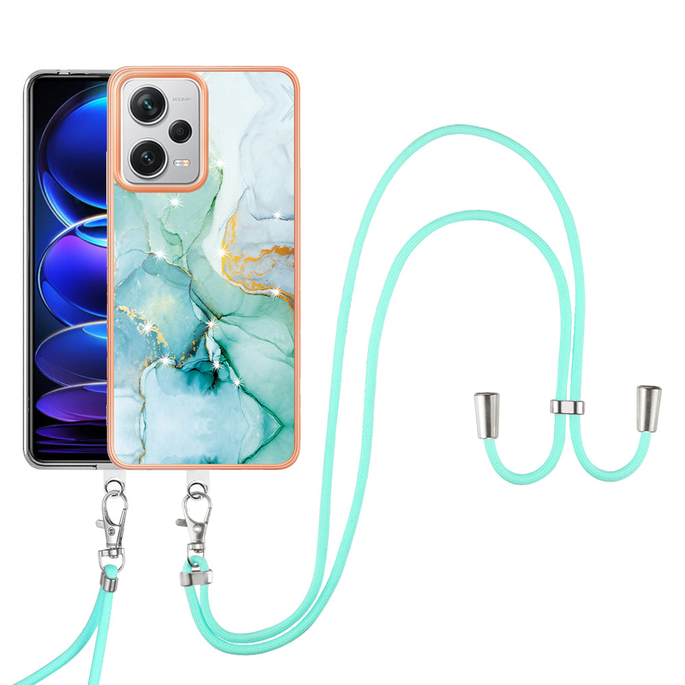 YB IMD Series-9 IMD TPU Phone Cover for Xiaomi Redmi Note 12 Pro+ 5G Electroplated Marble Pattern Phone Case with Lanyard - Green 003