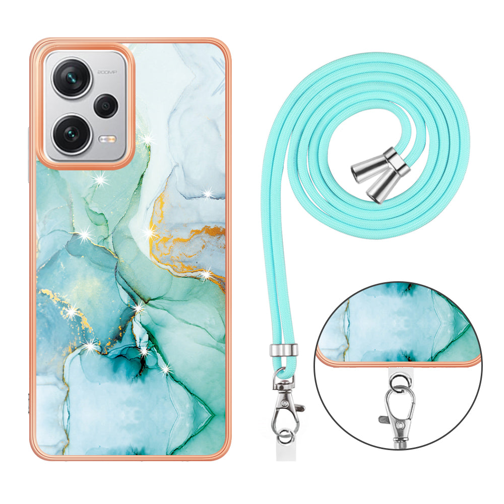 YB IMD Series-9 IMD TPU Phone Cover for Xiaomi Redmi Note 12 Pro+ 5G Electroplated Marble Pattern Phone Case with Lanyard - Green 003