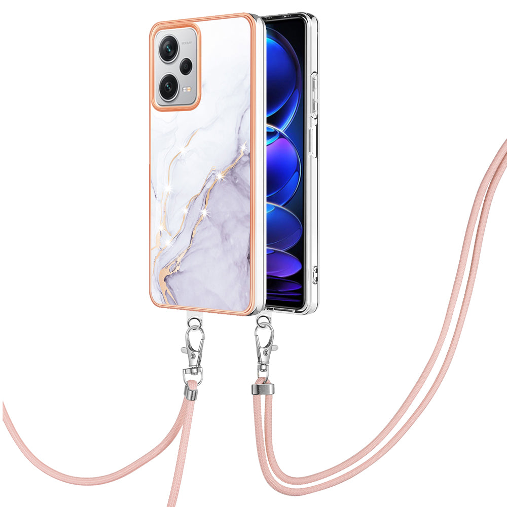 YB IMD Series-9 IMD TPU Phone Cover for Xiaomi Redmi Note 12 Pro+ 5G Electroplated Marble Pattern Phone Case with Lanyard - White 006