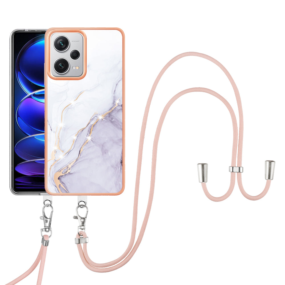 YB IMD Series-9 IMD TPU Phone Cover for Xiaomi Redmi Note 12 Pro+ 5G Electroplated Marble Pattern Phone Case with Lanyard - White 006