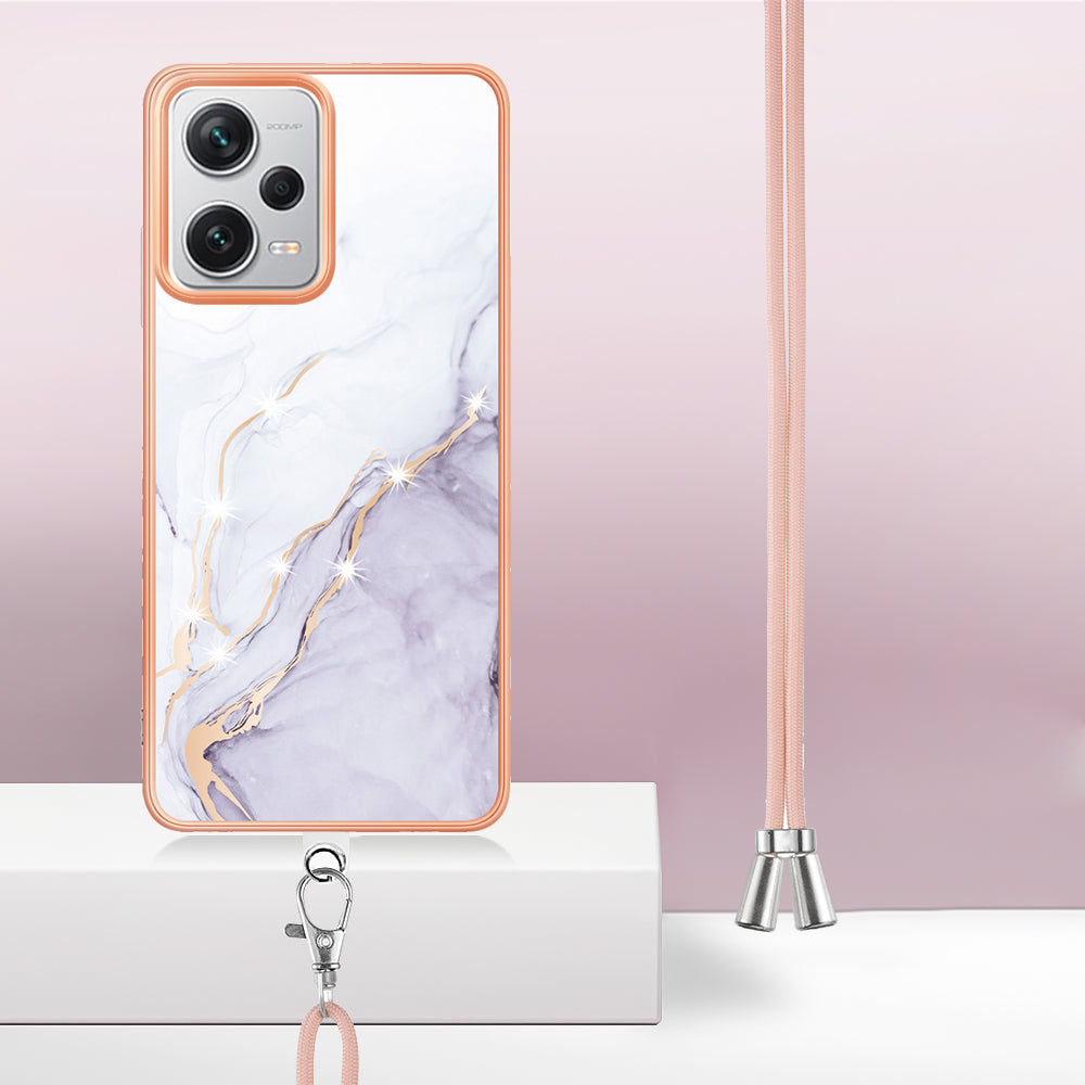 YB IMD Series-9 IMD TPU Phone Cover for Xiaomi Redmi Note 12 Pro+ 5G Electroplated Marble Pattern Phone Case with Lanyard - White 006