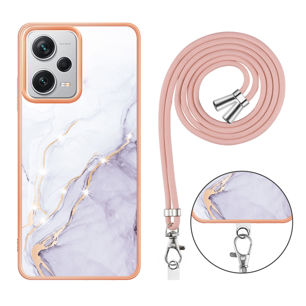 YB IMD Series-9 IMD TPU Phone Cover for Xiaomi Redmi Note 12 Pro+ 5G Electroplated Marble Pattern Phone Case with Lanyard - White 006