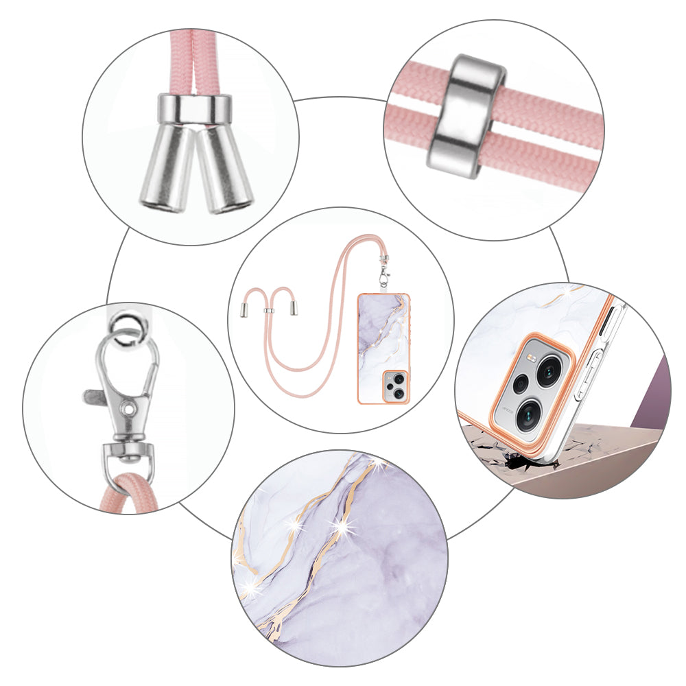 YB IMD Series-9 IMD TPU Phone Cover for Xiaomi Redmi Note 12 Pro+ 5G Electroplated Marble Pattern Phone Case with Lanyard - White 006