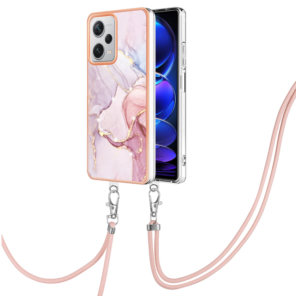 YB IMD Series-9 IMD TPU Phone Cover for Xiaomi Redmi Note 12 Pro+ 5G Electroplated Marble Pattern Phone Case with Lanyard - Rose Gold 005