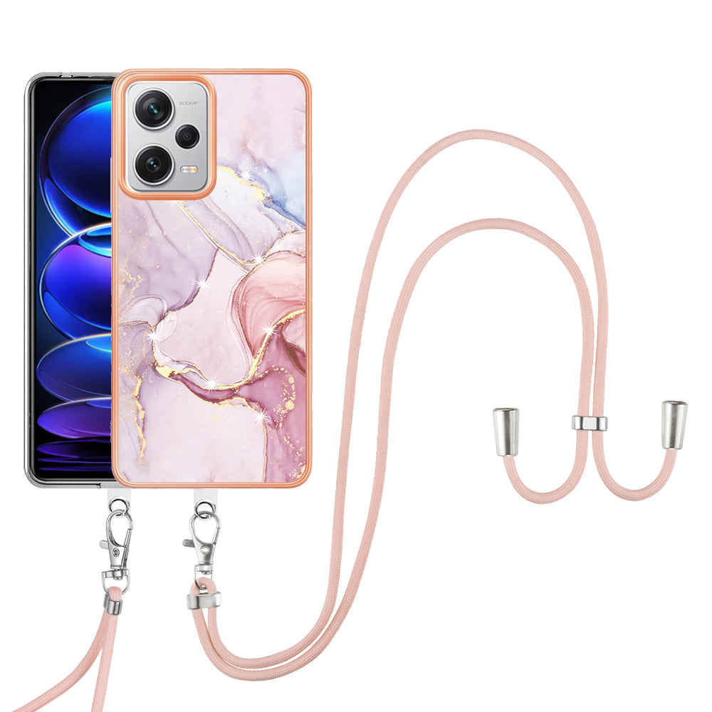 YB IMD Series-9 IMD TPU Phone Cover for Xiaomi Redmi Note 12 Pro+ 5G Electroplated Marble Pattern Phone Case with Lanyard - Rose Gold 005