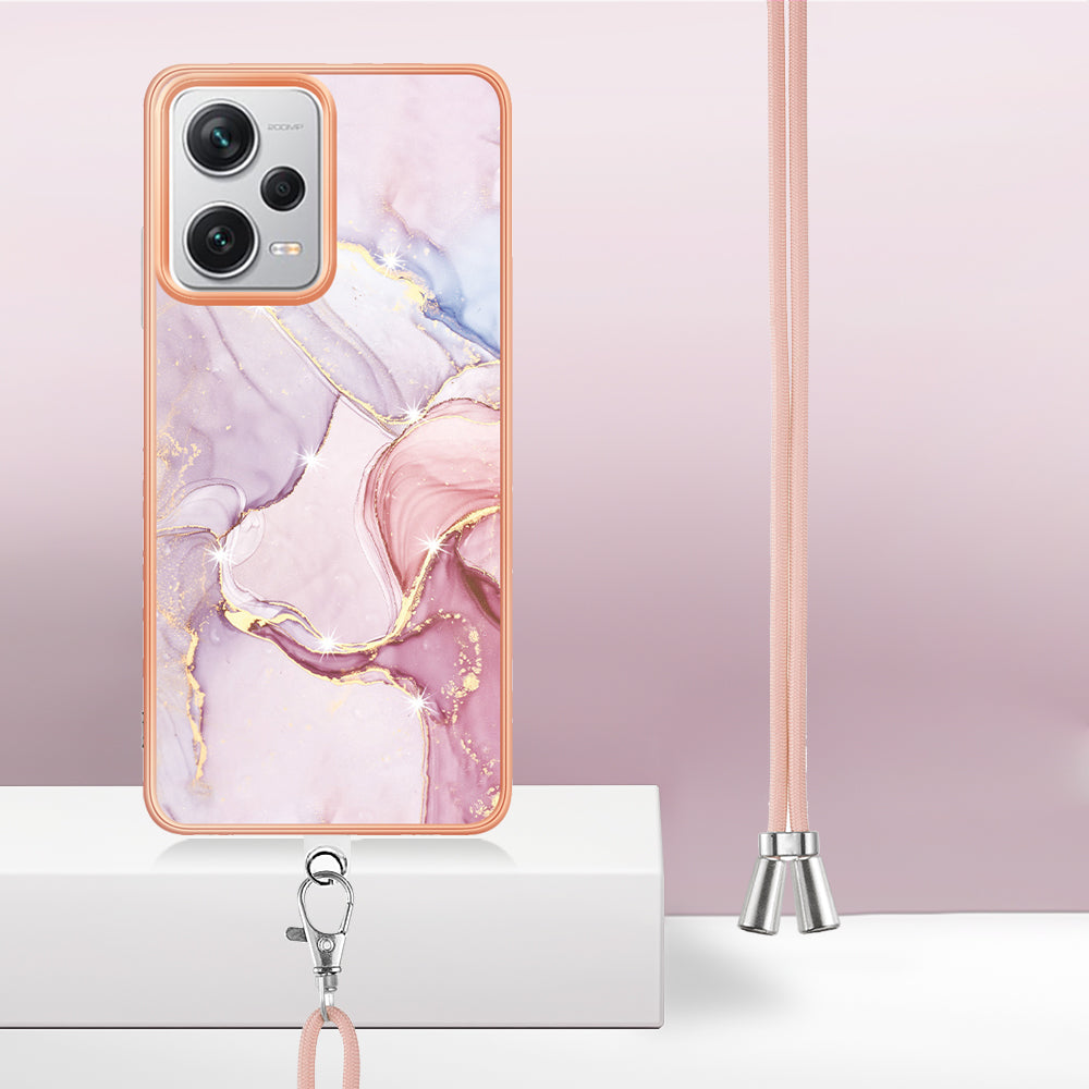 YB IMD Series-9 IMD TPU Phone Cover for Xiaomi Redmi Note 12 Pro+ 5G Electroplated Marble Pattern Phone Case with Lanyard - Rose Gold 005