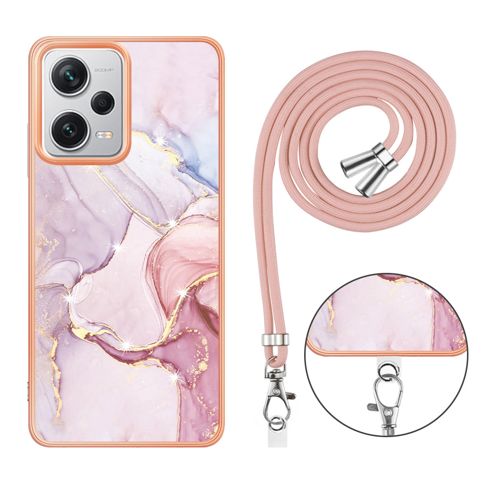 YB IMD Series-9 IMD TPU Phone Cover for Xiaomi Redmi Note 12 Pro+ 5G Electroplated Marble Pattern Phone Case with Lanyard - Rose Gold 005