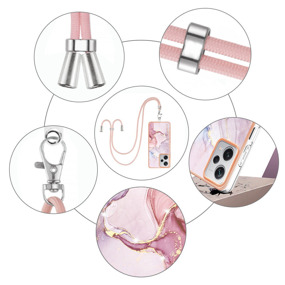 YB IMD Series-9 IMD TPU Phone Cover for Xiaomi Redmi Note 12 Pro+ 5G Electroplated Marble Pattern Phone Case with Lanyard - Rose Gold 005