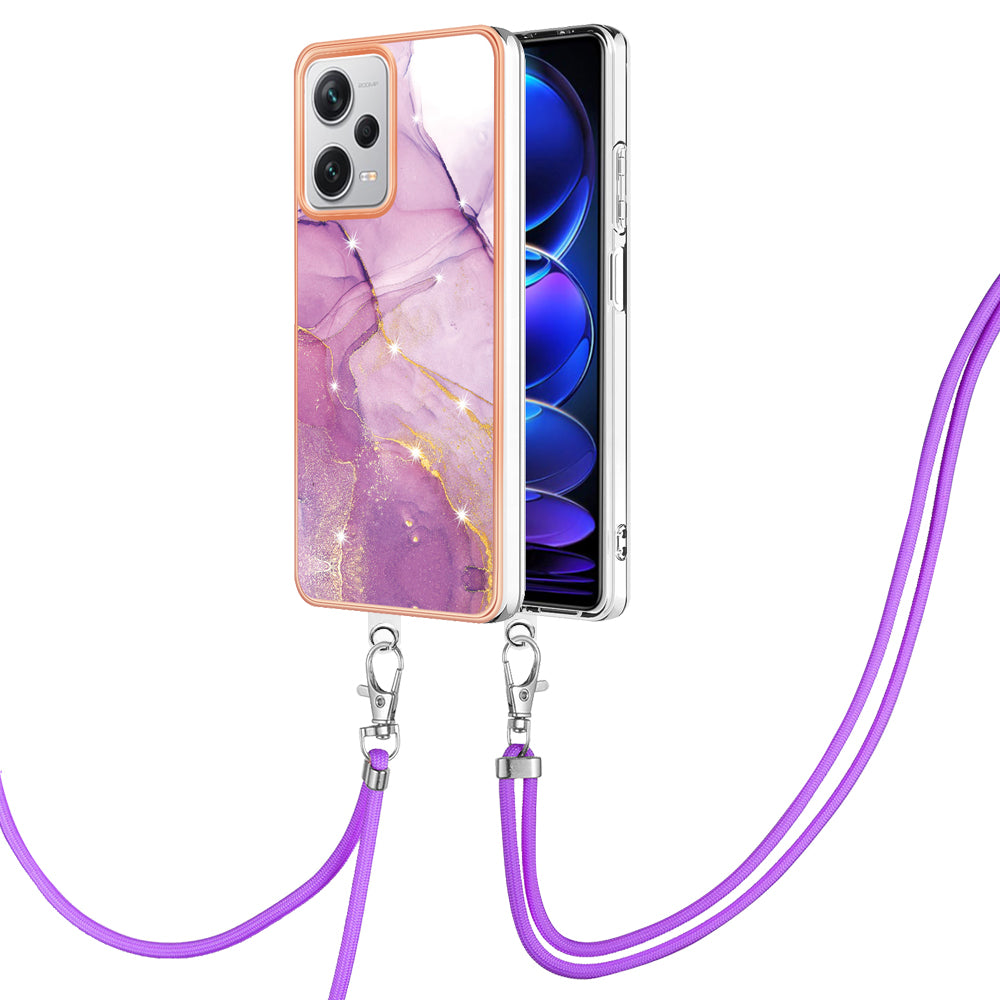 YB IMD Series-9 IMD TPU Phone Cover for Xiaomi Redmi Note 12 Pro+ 5G Electroplated Marble Pattern Phone Case with Lanyard - Purple 001