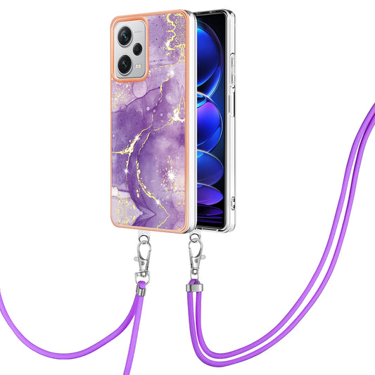YB IMD Series-9 IMD TPU Phone Cover for Xiaomi Redmi Note 12 Pro+ 5G Electroplated Marble Pattern Phone Case with Lanyard - Purple 002