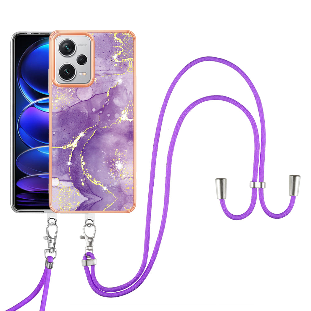 YB IMD Series-9 IMD TPU Phone Cover for Xiaomi Redmi Note 12 Pro+ 5G Electroplated Marble Pattern Phone Case with Lanyard - Purple 002