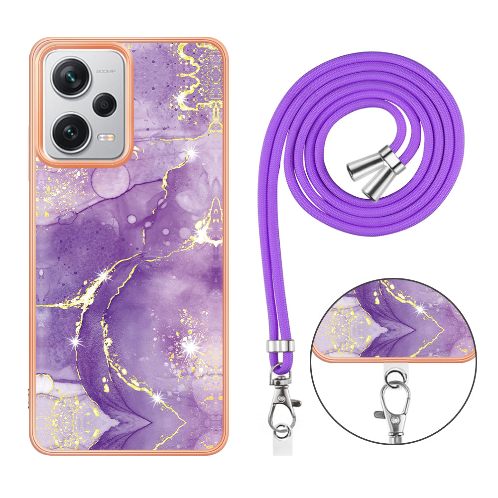 YB IMD Series-9 IMD TPU Phone Cover for Xiaomi Redmi Note 12 Pro+ 5G Electroplated Marble Pattern Phone Case with Lanyard - Purple 002