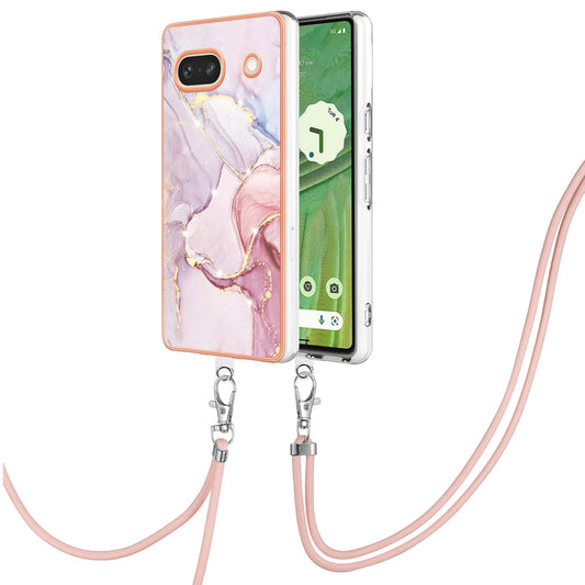 YB IMD Series-9 For Google Pixel 7a Marble Pattern IMD Phone Case Electroplated TPU Cover with Lanyard - Rose Gold 005