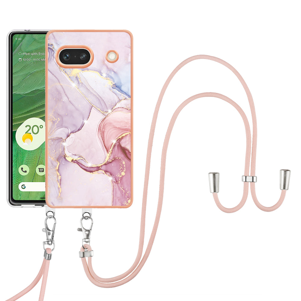 YB IMD Series-9 For Google Pixel 7a Marble Pattern IMD Phone Case Electroplated TPU Cover with Lanyard - Rose Gold 005