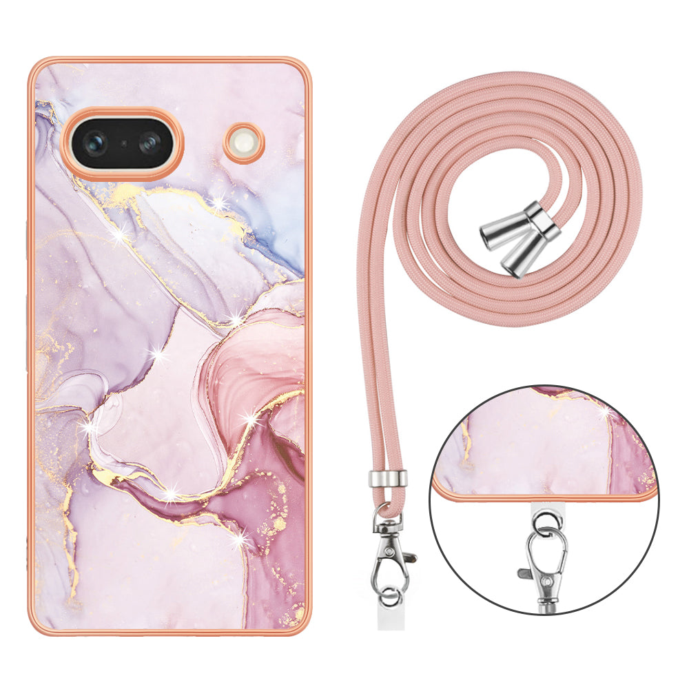 YB IMD Series-9 For Google Pixel 7a Marble Pattern IMD Phone Case Electroplated TPU Cover with Lanyard - Rose Gold 005