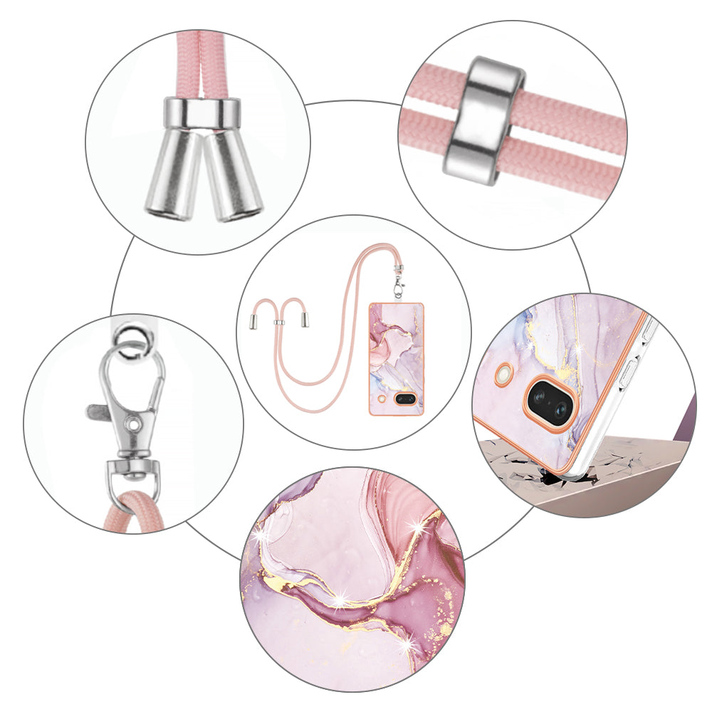 YB IMD Series-9 For Google Pixel 7a Marble Pattern IMD Phone Case Electroplated TPU Cover with Lanyard - Rose Gold 005
