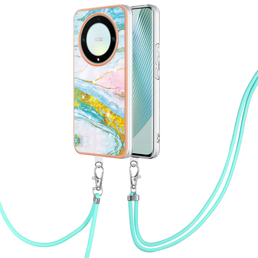 YB IMD Series-9 For Honor X40 5G / X9a 5G / Magic5 Lite 5G IMD Marble Pattern Phone Case Electroplating TPU Cover with Lanyard - Green 004