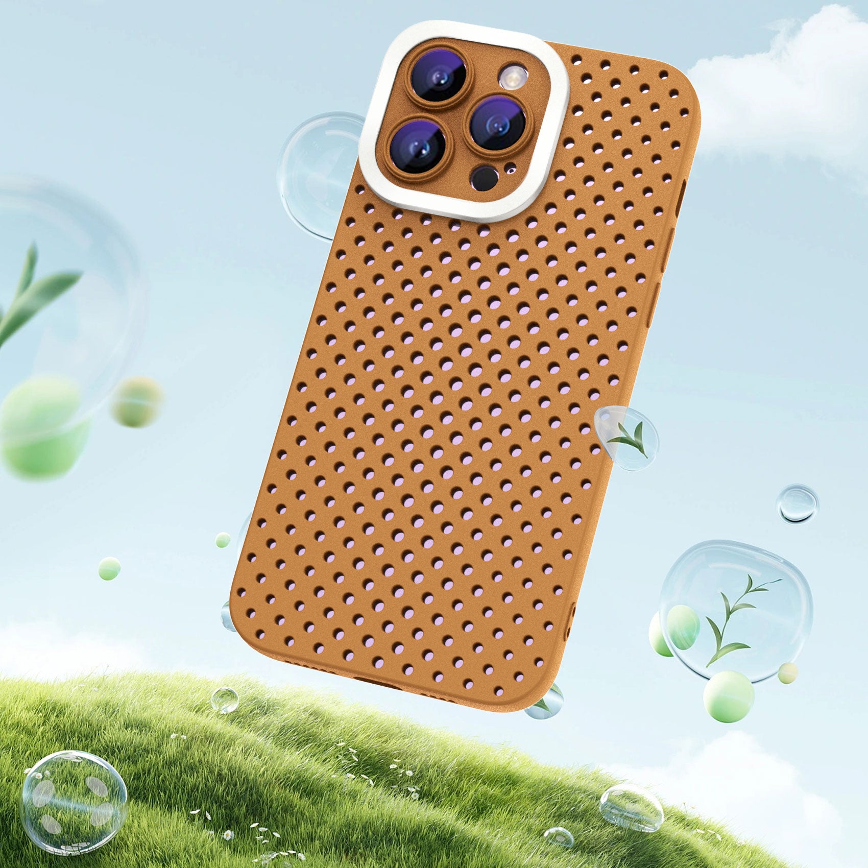 Uniqkart for iPhone 13 Pro Max 6.7 inch Skin-touch TPU Case Hollow Hole Heat Dissipation Phone Cover - Brown