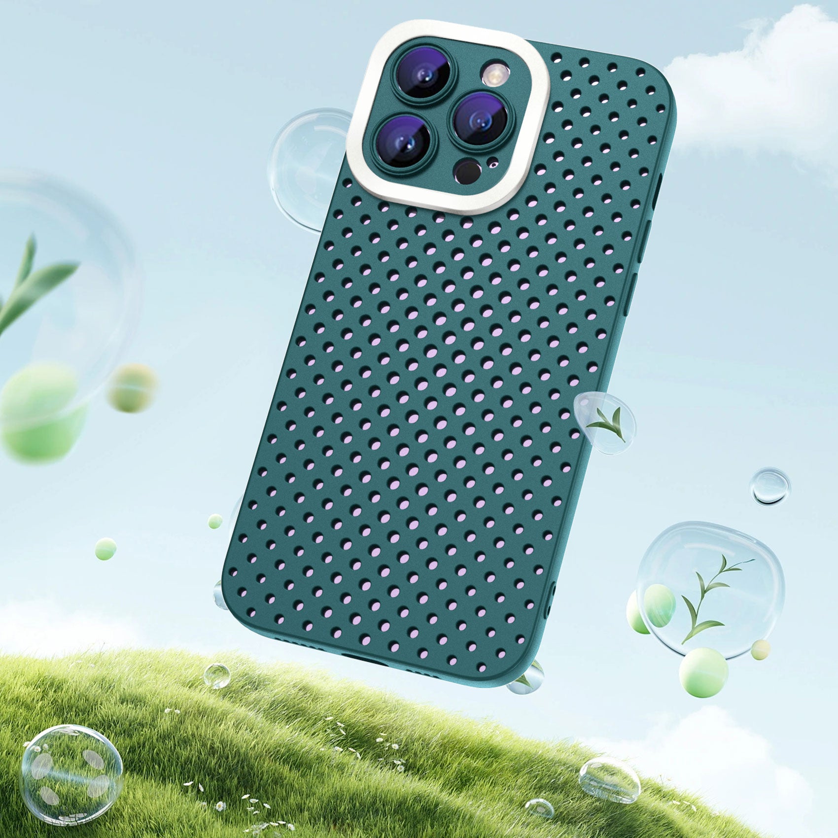 Uniqkart for iPhone 14 Pro Max Heat Dissipation Skin-touch TPU Case Hollow Hole Phone Cover - Green