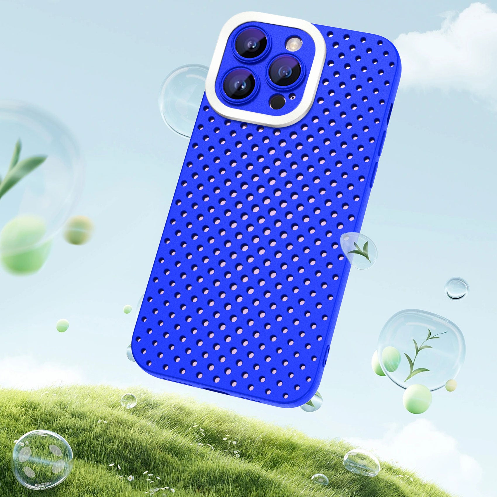Uniqkart for iPhone 13 Pro 6.1 inch Skin-touch TPU Anti-collision Case Hollow Hole Heat Dissipation Phone Cover - Blue
