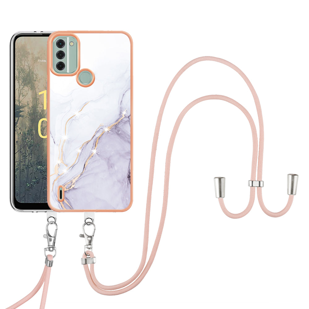 YB IMD Series-9 For Nokia C31 4G Marble Pattern Phone Case Electroplating IMD TPU Back Cover with Lanyard - White 006