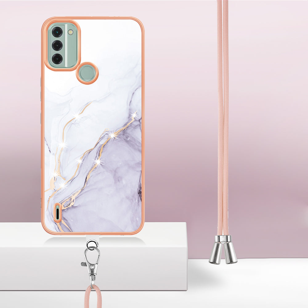 YB IMD Series-9 For Nokia C31 4G Marble Pattern Phone Case Electroplating IMD TPU Back Cover with Lanyard - White 006