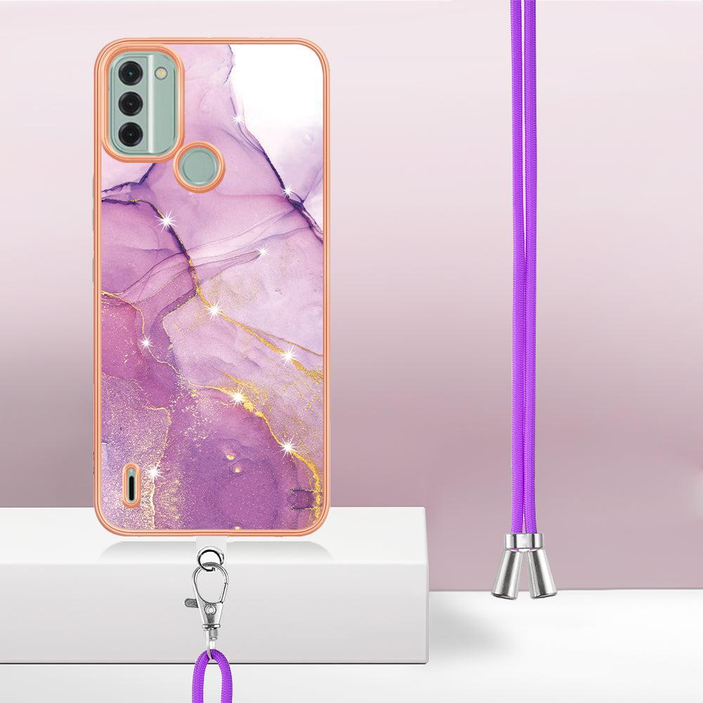 YB IMD Series-9 For Nokia C31 4G Marble Pattern Phone Case Electroplating IMD TPU Back Cover with Lanyard - Purple 001