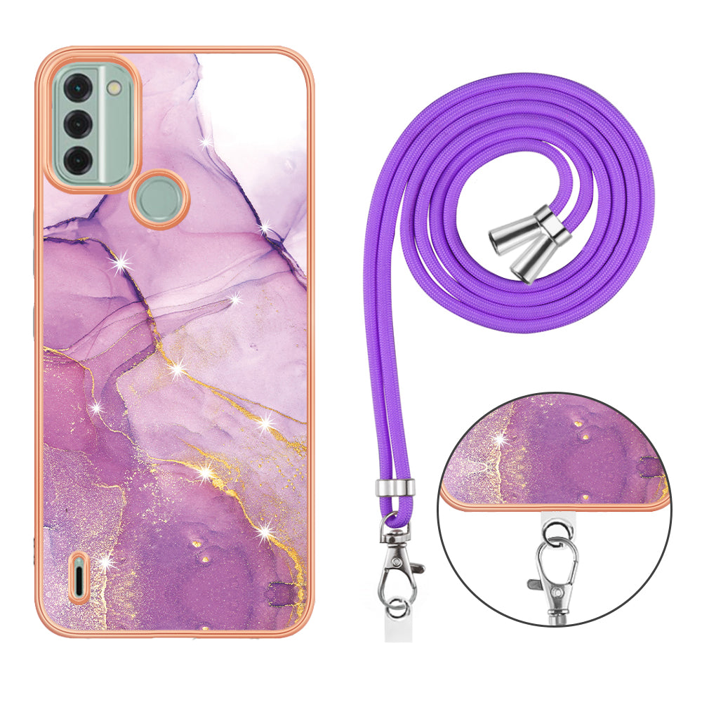 YB IMD Series-9 For Nokia C31 4G Marble Pattern Phone Case Electroplating IMD TPU Back Cover with Lanyard - Purple 001
