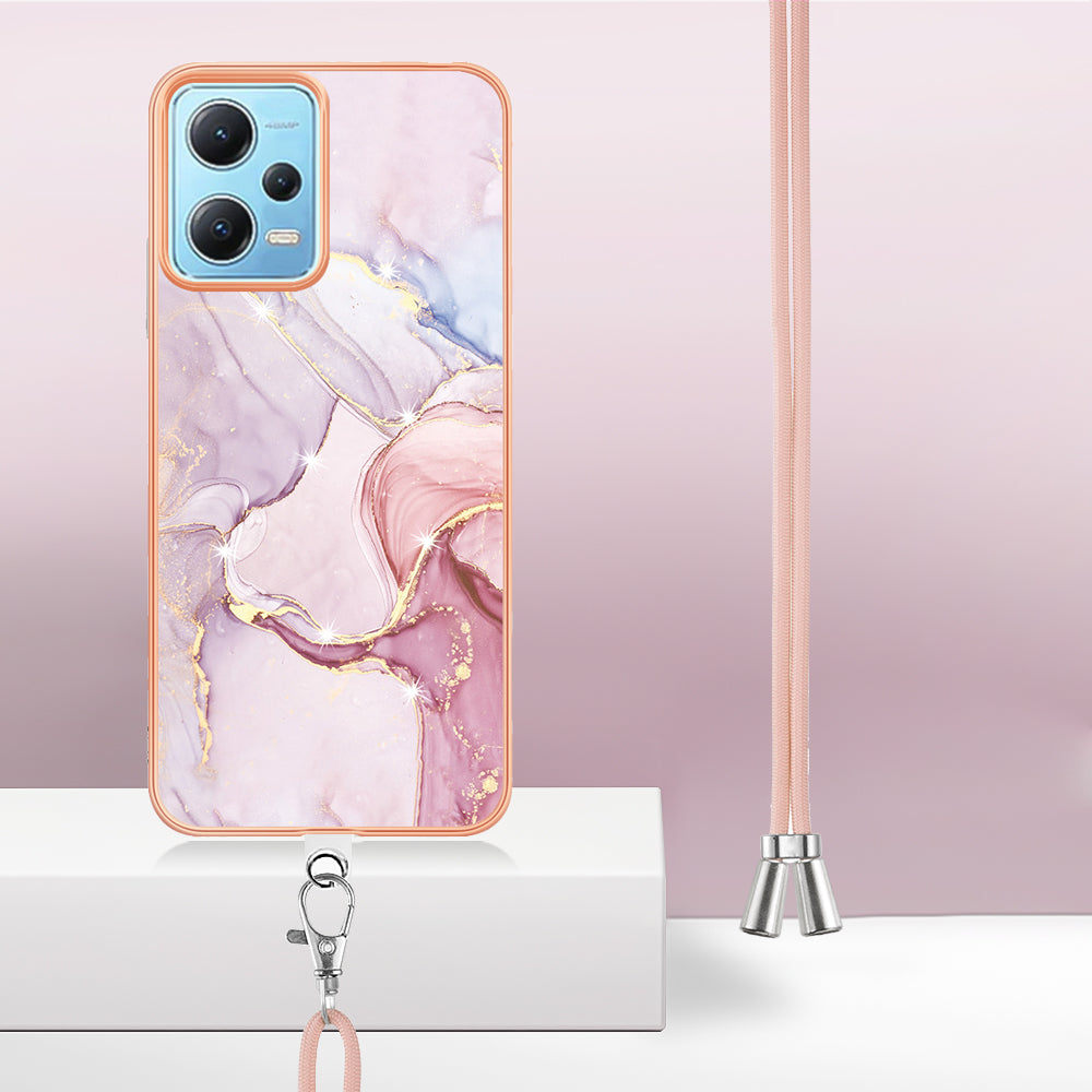 YB IMD Series-9 Marble Pattern Phone Case for Xiaomi Redmi Note 12 5G (China) / (India) / (Global) / Poco X5 5G , Electroplating Frame TPU Cover - Rose Gold 005