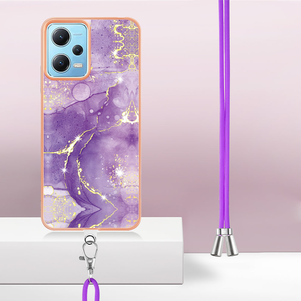 YB IMD Series-9 Marble Pattern Phone Case for Xiaomi Redmi Note 12 5G (China) / (India) / (Global) / Poco X5 5G , Electroplating Frame TPU Cover - Purple 002