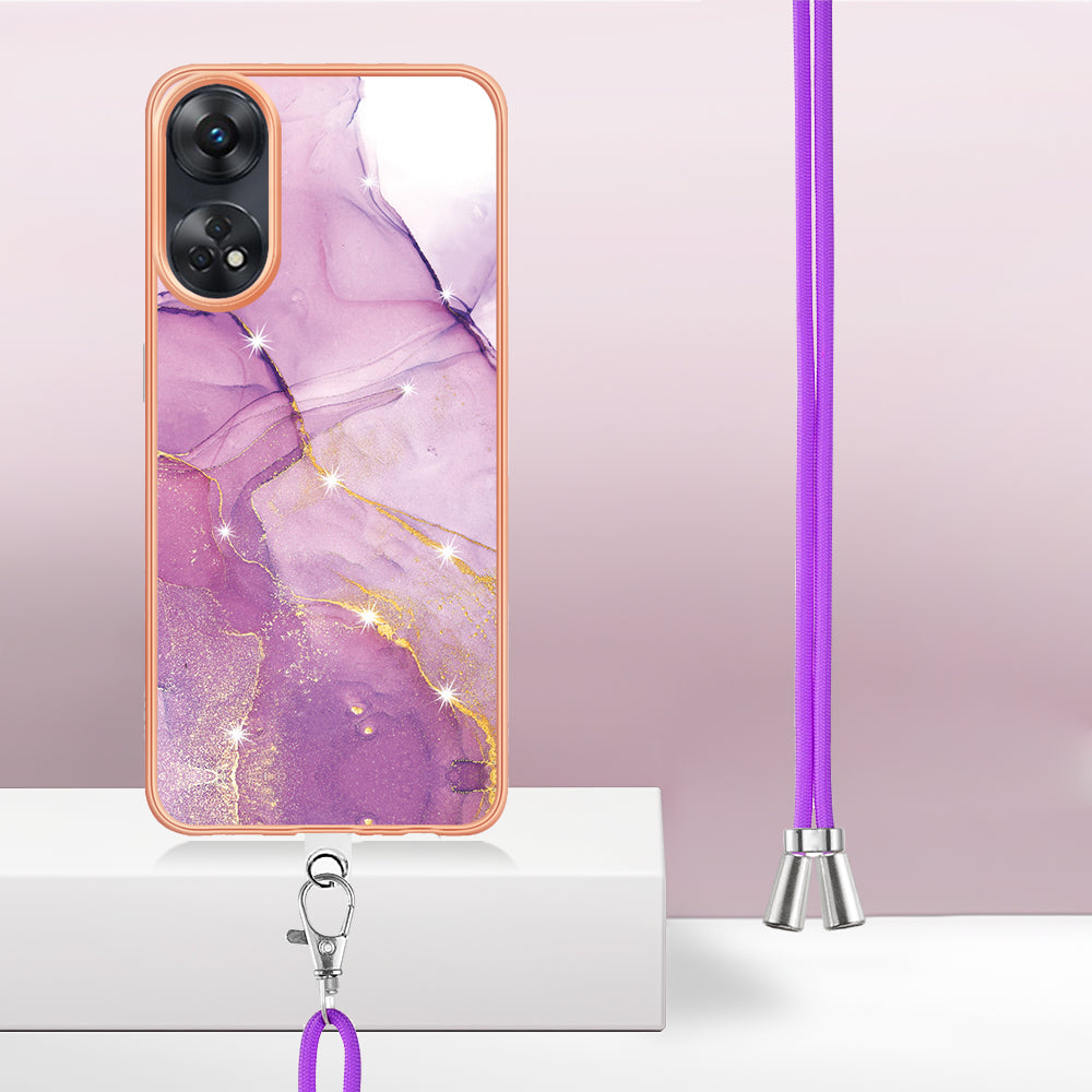 YB IMD Series-9  Electroplated TPU Cover for Oppo Reno8 T 4G Marble Pattern IMD Phone Case with Lanyard - Purple 001