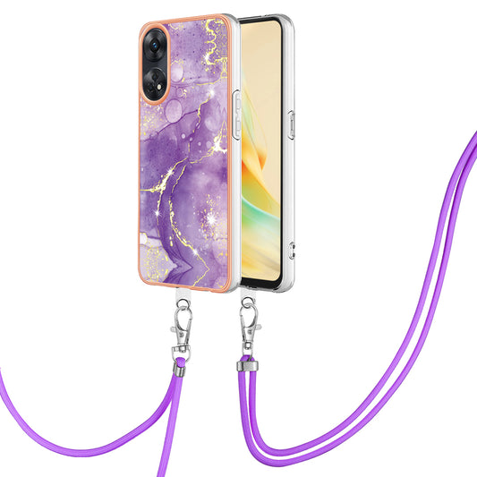 YB IMD Series-9  Electroplated TPU Cover for Oppo Reno8 T 4G Marble Pattern IMD Phone Case with Lanyard - Purple 002