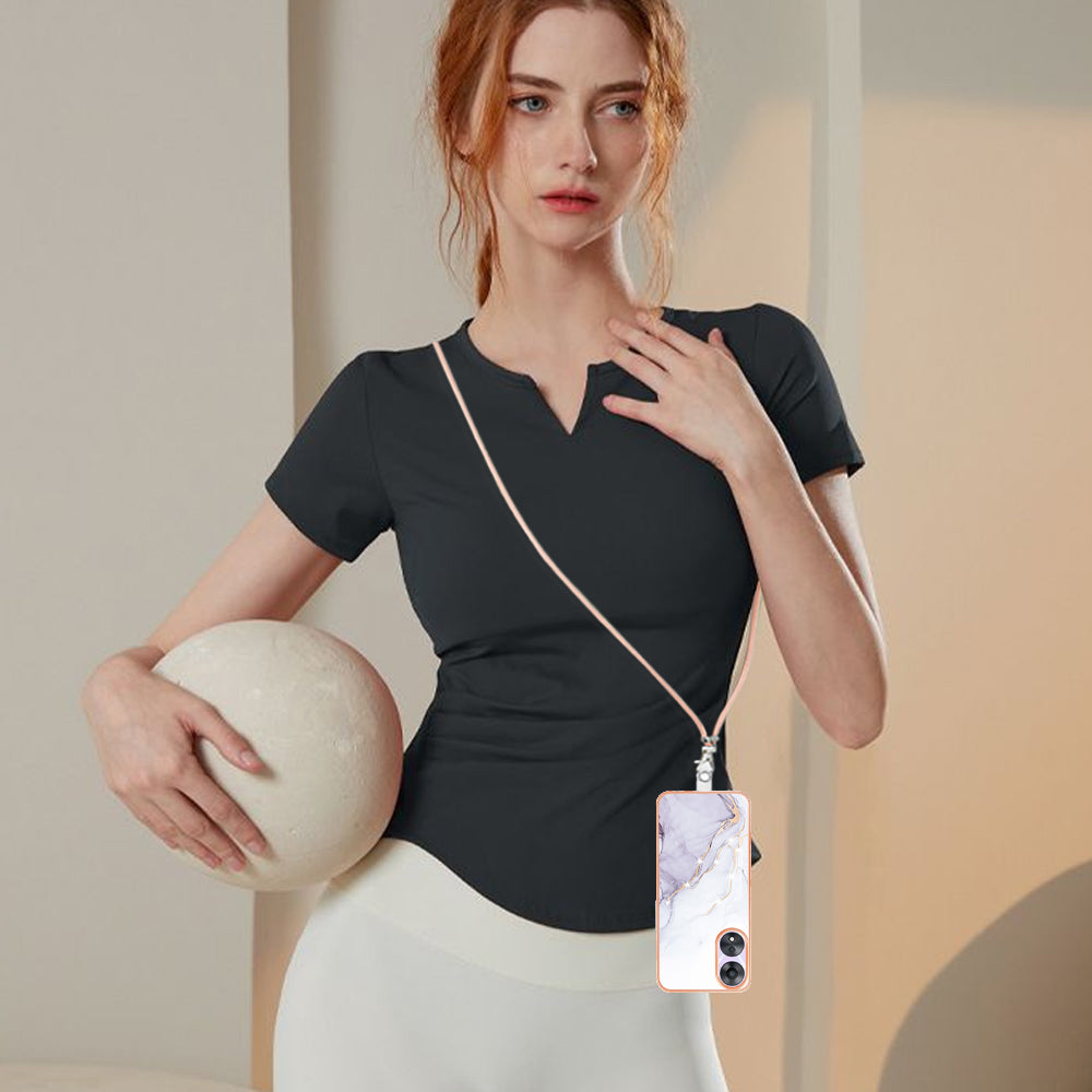 YB IMD Series-9 For Oppo A78 / A58 5G Electroplating Frame TPU Cover IMD Marble Pattern Phone Case with Lanyard - White 006