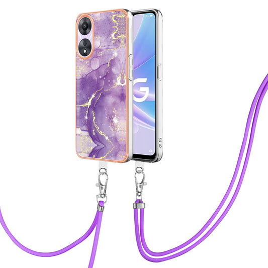 YB IMD Series-9 For Oppo A78 / A58 5G Electroplating Frame TPU Cover IMD Marble Pattern Phone Case with Lanyard - Purple 002