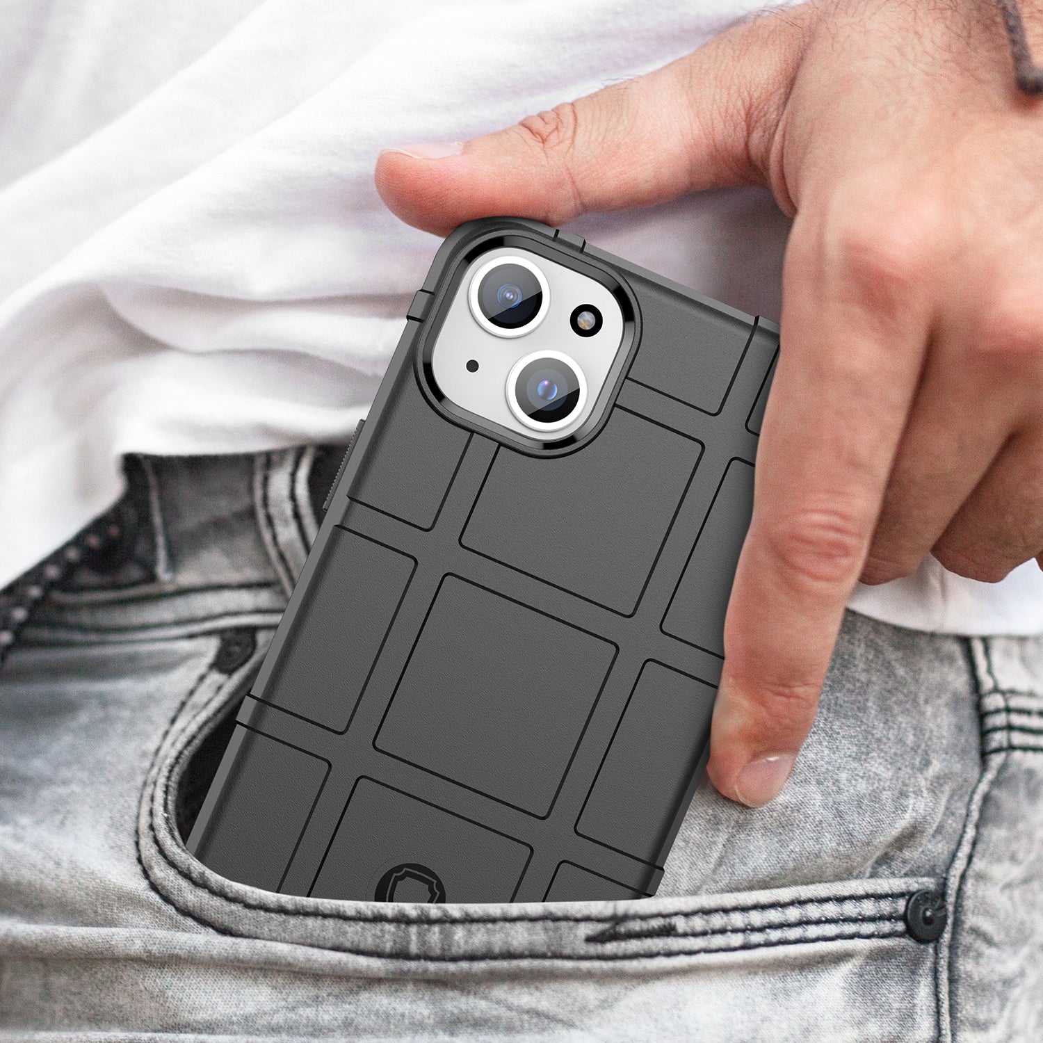 Uniqkart for iPhone 15 Plus Shockproof Square Grid Texture TPU Phone Case Back Cover - Black