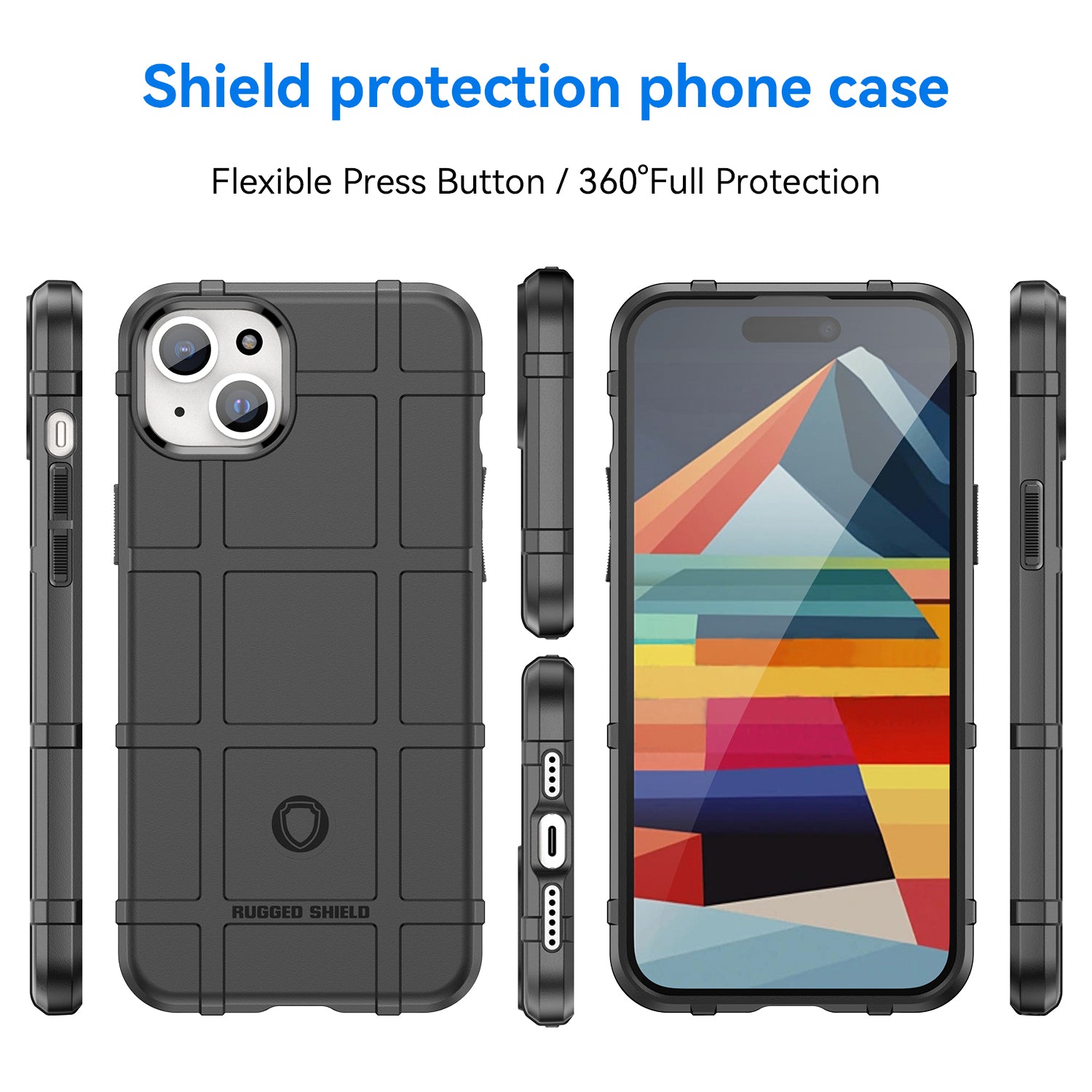 Uniqkart for iPhone 15 Plus Shockproof Square Grid Texture TPU Phone Case Back Cover - Black