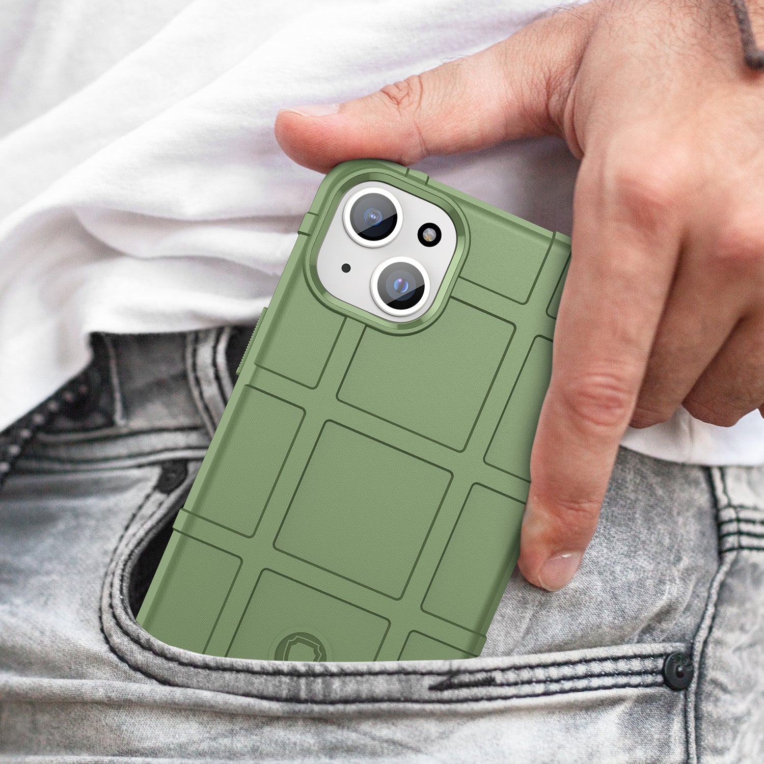 Uniqkart for iPhone 15 Plus Shockproof Square Grid Texture TPU Phone Case Back Cover - Green