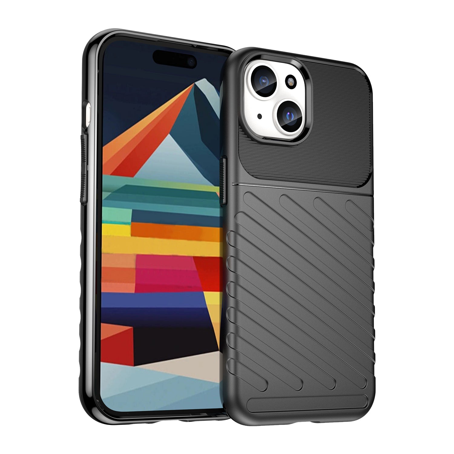 Thunder Series For iPhone 15 Plus Thicken TPU Phone Case Twill Texture Anti-scratch Cover - Black