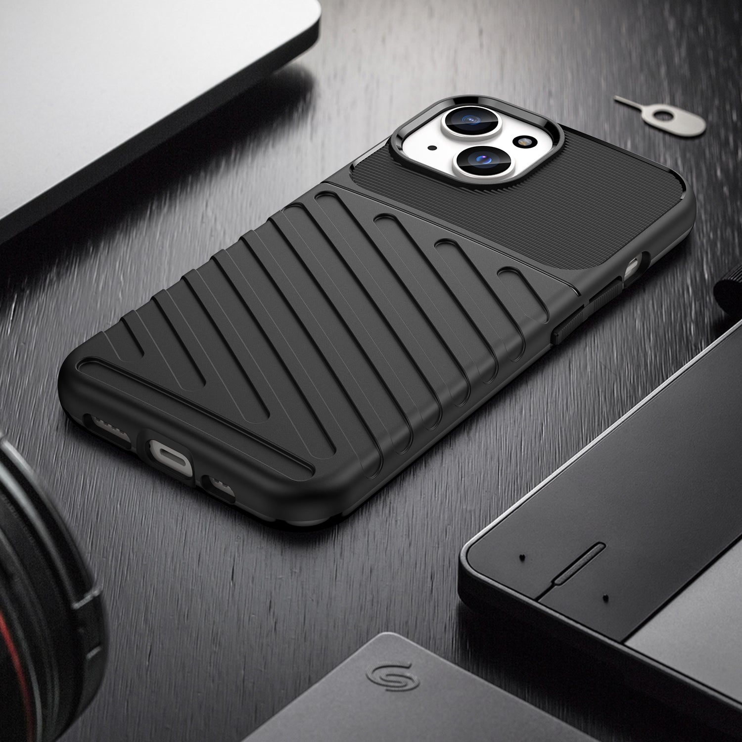 Thunder Series For iPhone 15 Plus Thicken TPU Phone Case Twill Texture Anti-scratch Cover - Black
