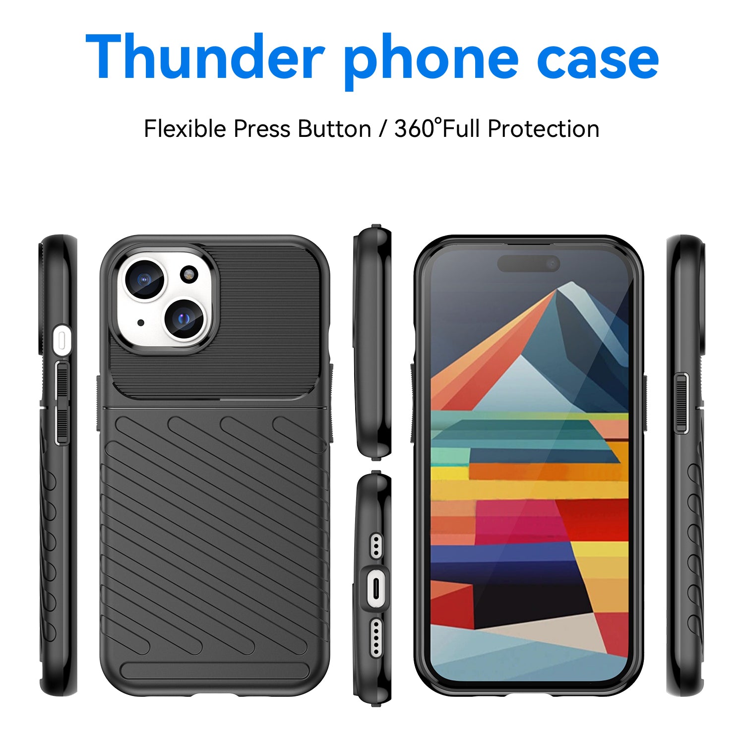Thunder Series For iPhone 15 Plus Thicken TPU Phone Case Twill Texture Anti-scratch Cover - Black