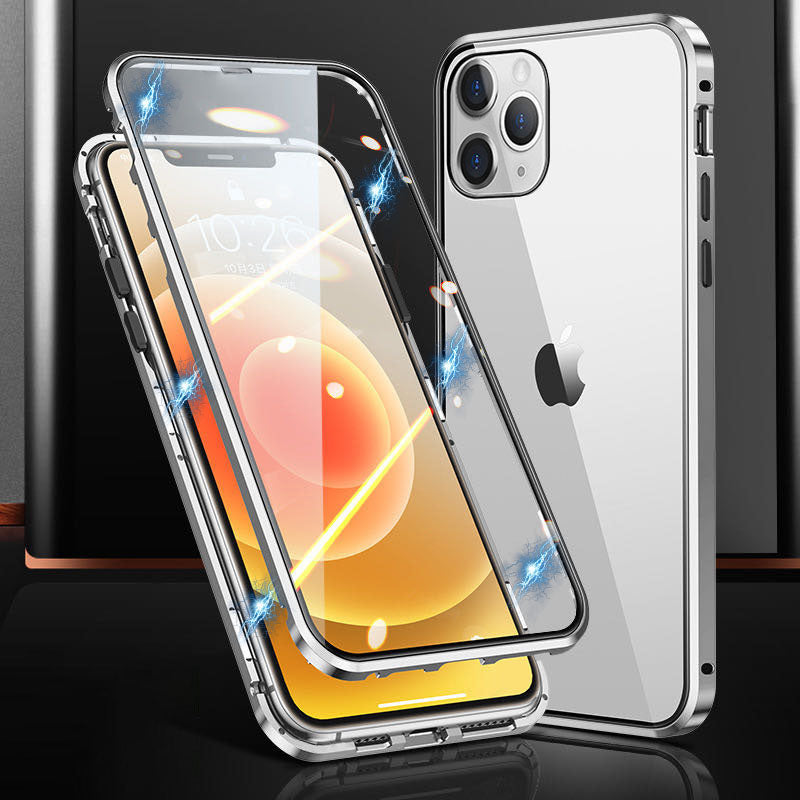 Phone Case for iPhone 15 Pro Magnetic Adsorption Metal Frame + Double-sided Tempered Glass Clear Phone Cover - Silver