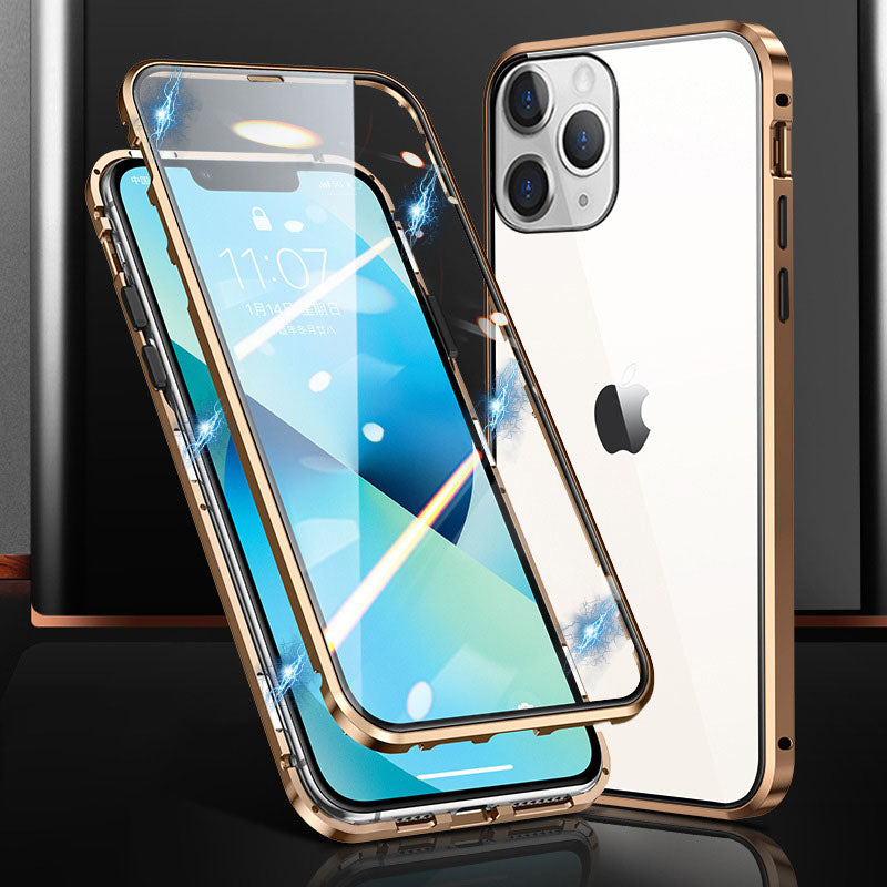 for iPhone 15 Pro Max Case Magnetic Closure Metal Frame + Double-sided Tempered Glass Clear Phone Cover - Gold